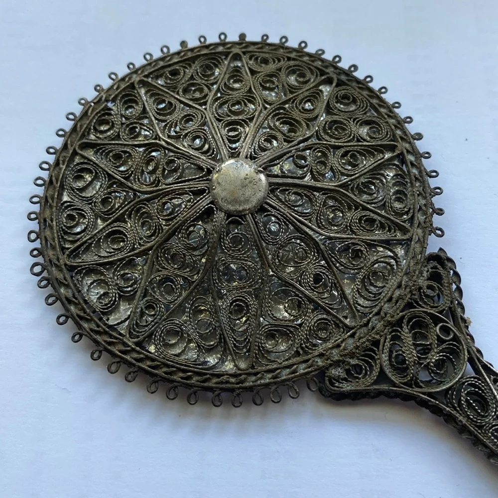 Antique Small Hand Mirror Silver Boudoir Filigree Traditional Art